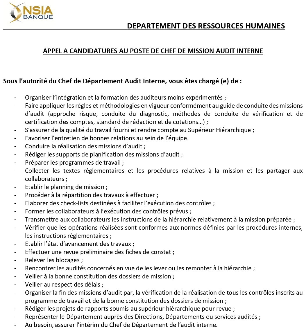APPELA CANDIDATURES AU POSTE DE CHEF DE MISSION AUDIT INTERNE | Page 1